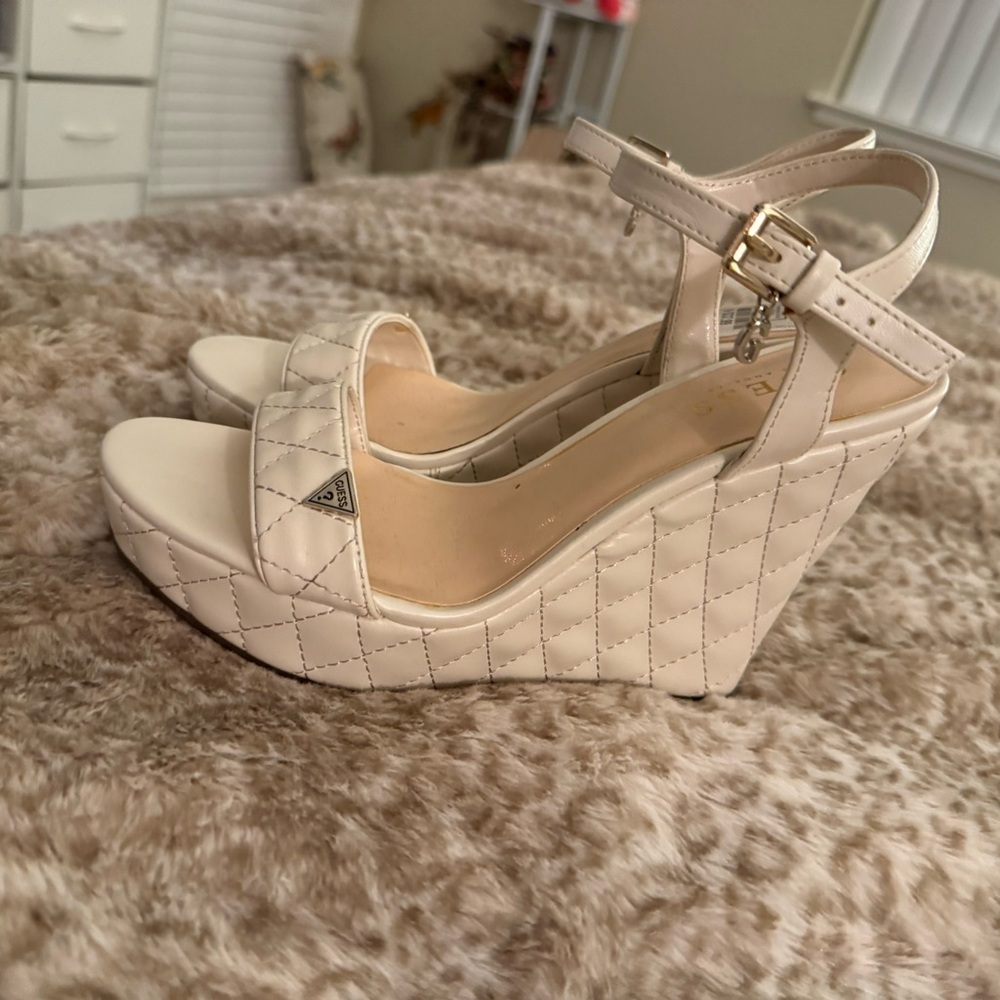 GUESS Cream Quilted Wedge Heels